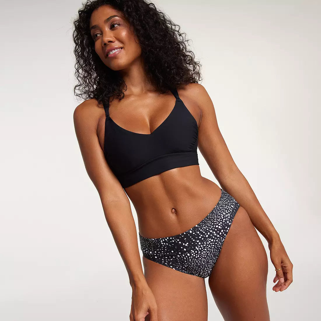 Calia Strappy Back Ruched Medium Support Bikini Swim Top Pure Black WSA23223