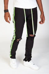 KDNK KNB3160 Reflective Taped Skinny Jeans | Black & Neon Lime