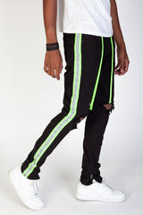 KDNK KNB3160 Reflective Taped Skinny Jeans | Black & Neon Lime