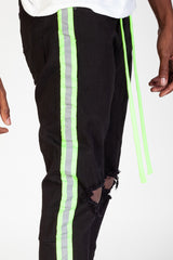 KDNK KNB3160 Reflective Taped Skinny Jeans | Black & Neon Lime