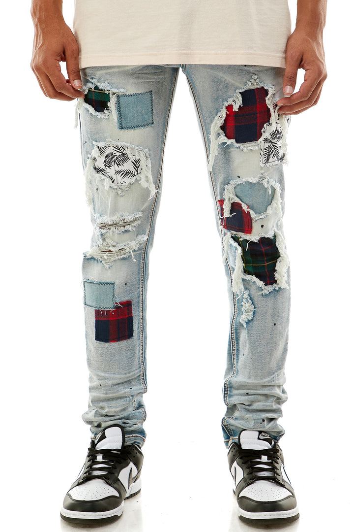 KND4457 Blue | KDNK Distressed Ripped Skinny Stretch Jeans Men